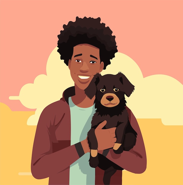 Plik wektorowy młody czarny facet trzyma swojego ukochanego psa w ramionach ilustracja wektorowa