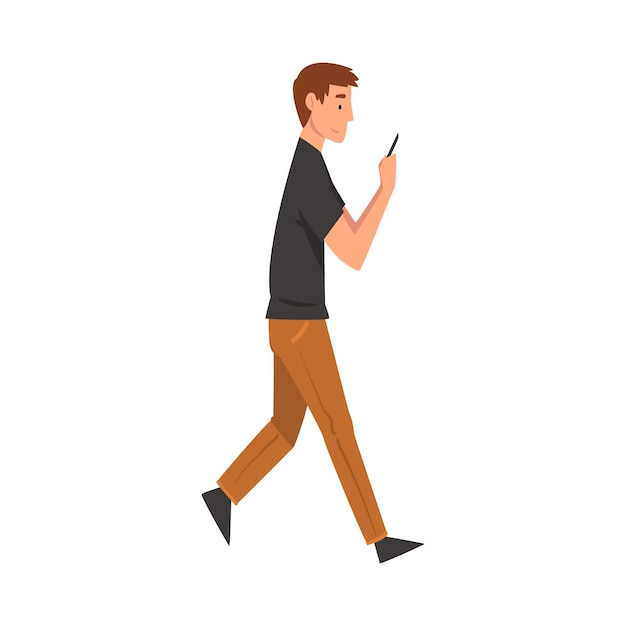 Młody człowiek idący na zewnątrz facet patrzący na swój smartfon osoba używająca cyfrowego gadżetu do komunikacji internetowej ilustracja wektorowa