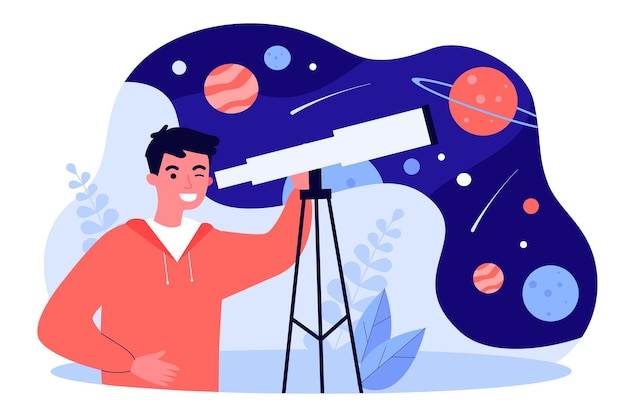 Młody człowiek patrząc na gwiazdy i planety przez teleskop. Chłopiec za pomocą sprzętu do obserwacji ilustracji wektorowych płaskiej przestrzeni. Astronomia, koncepcja edukacji dla banera, projektu strony internetowej lub strony docelowej