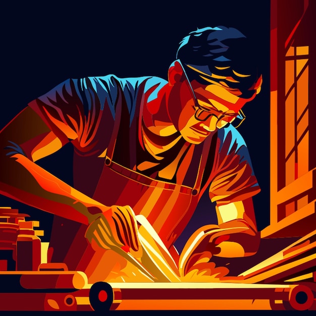 Plik wektorowy młody człowiek pracujący nad drewnianym projektem w garażu, ilustracja wektorowa