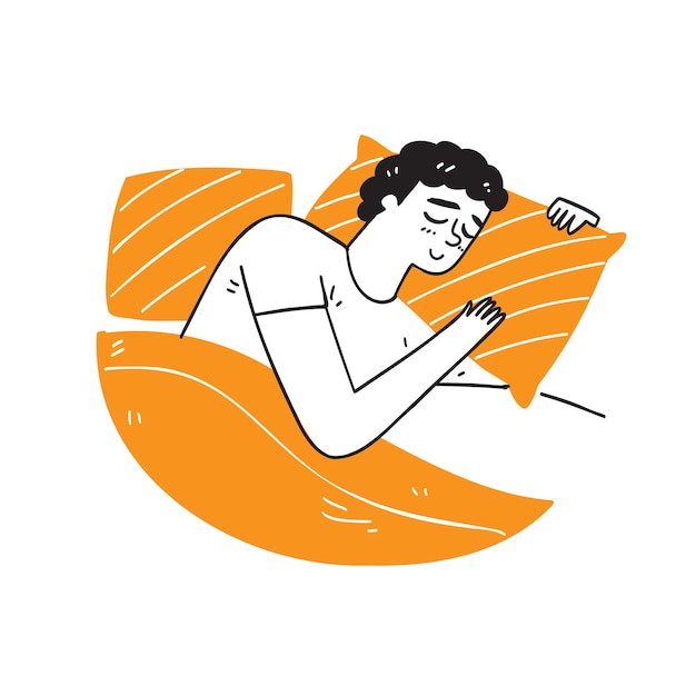 Plik wektorowy młody człowiek śpi z pomarańczową poduszką, ręcznie rysowane ilustracje wektorowe