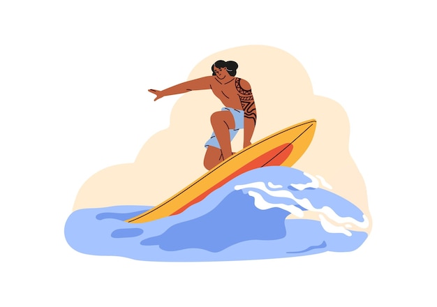 Młody człowiek surfujący na oceanie Osoba jeździ na desce surfingowej na nadmorskim kurorcie Szczęśliwy surfer łapie fale z deską Letnia aktywność na tropikalnej plaży Płaska izolowana ilustracja wektorowa na białym tle