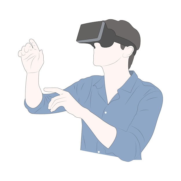 Młody człowiek w okularach wirtualnej rzeczywistości zestaw słuchawkowy na białym tle