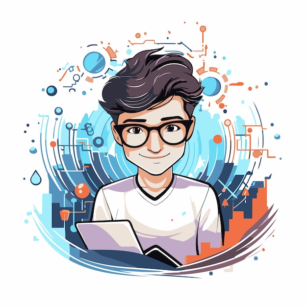 Plik wektorowy młody człowiek z okularami i laptopem ilustracja wektorowa w stylu kreskówki