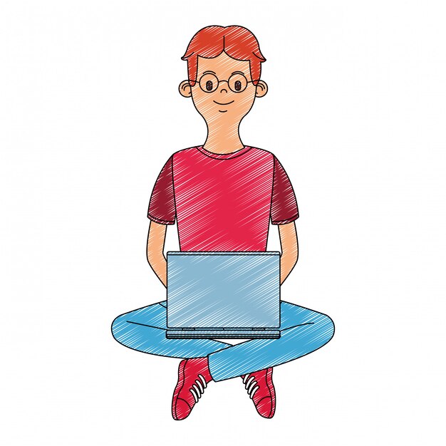Młody człowiek za pomocą kulas laptopa