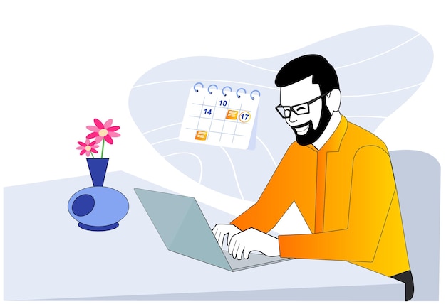 młody człowiek za pomocą laptopa na komputerowym stole ilustracji wektorowych elementów projektu