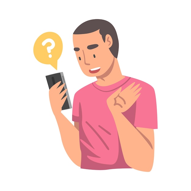 Młody człowiek zadaje pytanie za pomocą systemu wyszukiwania w Internecie na ilustracji wektorowej swojego smartfona