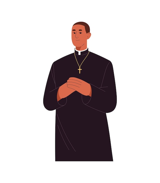 Młody ksiądz katolicki w tradycyjnym stroju z krzyżem portret duchowieństwa religijnej osoby mnich katolicyzmu Święty ojciec Płaska izolowana ilustracja wektorowa na białym tle