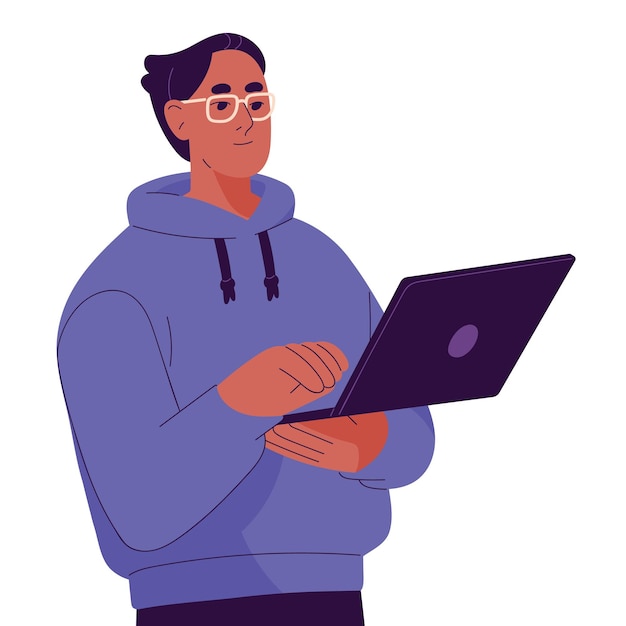 Młody mężczyzna w okularach trzyma laptopa Profesjonalny programista piszący kod Freelancer piszący komunikuje się w czacie online Pracownik pracuje przy komputerze Płaska izolowana ilustracja wektorowa na białym tle