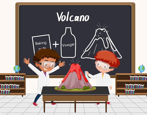 Plik wektorowy młody naukowiec robi eksperyment wulkanu przed tablicą w laboratorium