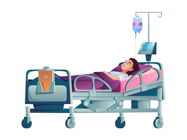 Plik wektorowy młody pacjent w szpitalnym łóżku z zakraplaczem