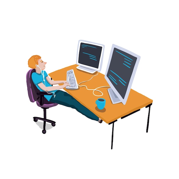 Plik wektorowy młody programista przy biurku pisze kod na dwóch monitorach
