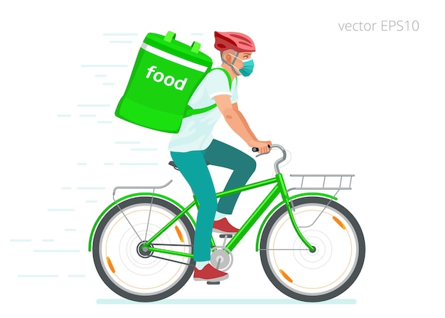 Plik wektorowy młody rowerzysta w masce medycznej dostarcza gorące jedzenie podczas blokady covid