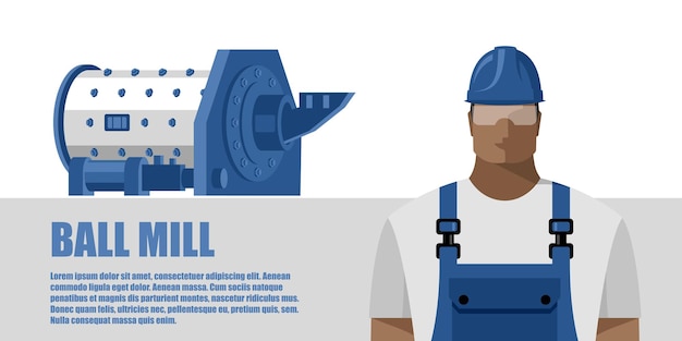 Młyn Kulowy I Pracownik W Kombinezonie I Kolorowym Kasku Ochronnym W Płaskim Stylu Koncepcja Przemysłowa