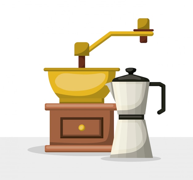 Młynek Do Kawy I Czajnik Projekt, Pić śniadanie Napój Piekarnia Restauracja I Sklep Tematu Ilustracji Wektorowych