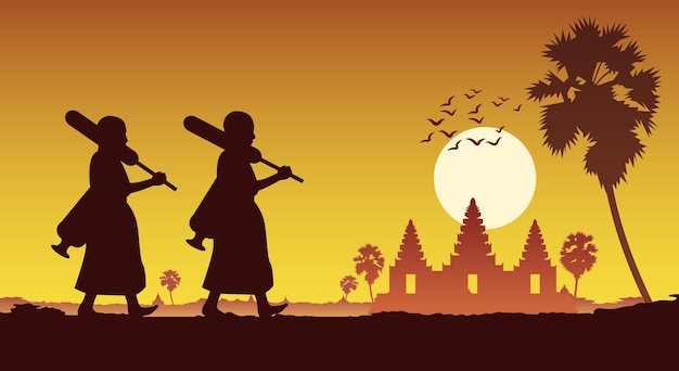Mnich wychodzi z pielgrzymki świątynnej, aby zasłużyć na angkor wat w Kambodży dla ciszy pokoju i dharmy w stylu sylwetki sceny zachodu słońca