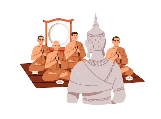 Plik wektorowy mnichowie buddyjscy modlący się do posągu buddy w świętej świątyni religijnej modlitwy mantry do pana bóstwa symbol religii buddyjskiej koncepcja płaska ilustracja graficzna wektorowa izolowana na białym tle