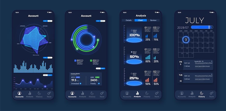 Wektor mobile app infographic template with modern design weekly and annual statistics graphs pie charts workflow web design ui elements easy to edit calendar round diagrams and schemas web interface