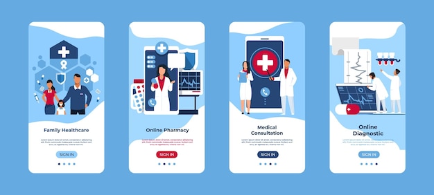 Mobilna Aplikacja Usług Medycznych Interfejsy Smartfonów Konsultacje I Diagnostyka Online Zamawianie Leków I Umawianie Wizyt U Lekarza Szablony Ekranów Urządzenia Zestaw Wektorowy
