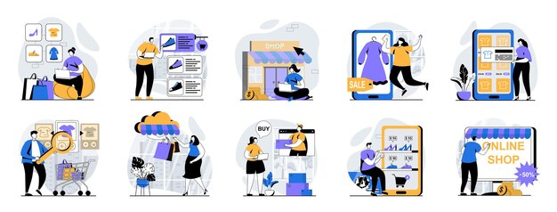 Mobilny handel koncepcja internetowa z ludźmi sceny mega zestaw w płaskim projekcie zestaw sytuacji postaci z zakupami online w aplikacji dokonywanie opłacalnych zakupów płacenie online ilustracje wektorowe