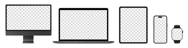 Mockup czarnego monitora komputera, laptopa, ekranu tabletu, telefonu komórkowego i zegarka