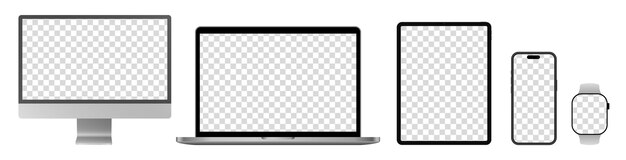 Mockup srebrnego monitora komputera, laptopa, ekranu tabletu, telefonu komórkowego i zegarka