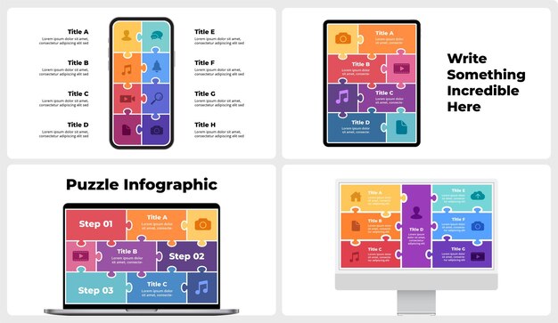 Mockupy Urządzeń Elektronicznych Puzzle Infografiki Obejmuje Notebook, Smartfon I Tablet