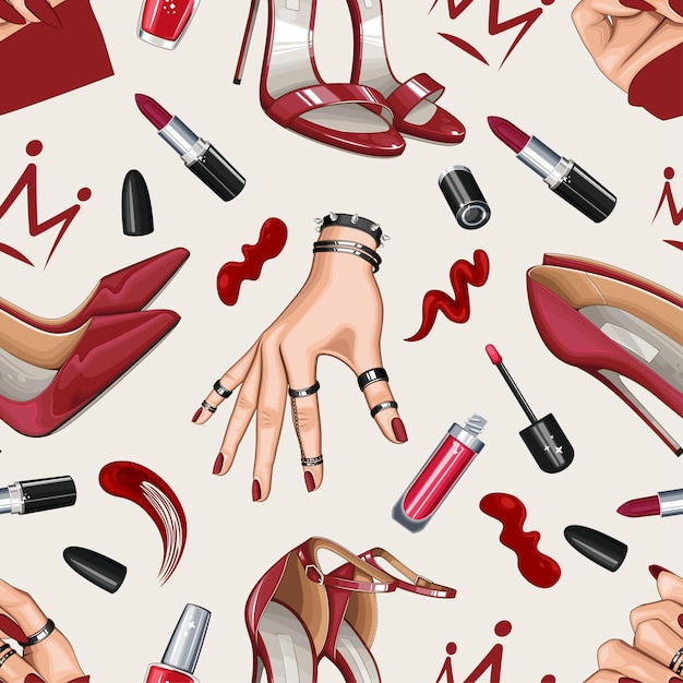 Moda Bezszwowy wzór z butami paznokcie manicure makijaż Piękno Bezszwowy tło