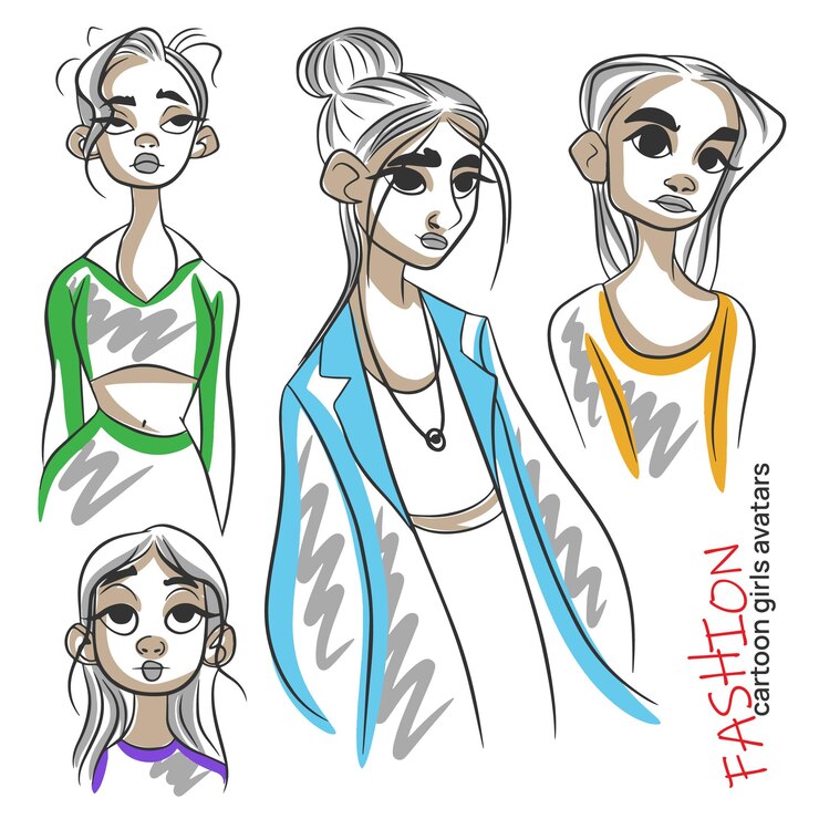 Wektor moda kreskówka dziewczyny avatary ustawić portret pełnej wysokości doodle