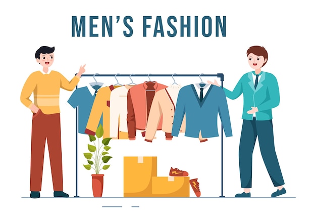 Moda Męska I Strój Modnego Mężczyzny W Sklepie Z Ubraniami Na Zakupy Na Płaskiej Ilustracji