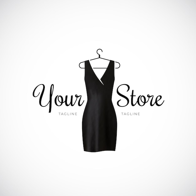 Moda Odzież Damska Szablon Logo Sklepu Vogue Z Czarną Sukienką Na Białym Tle