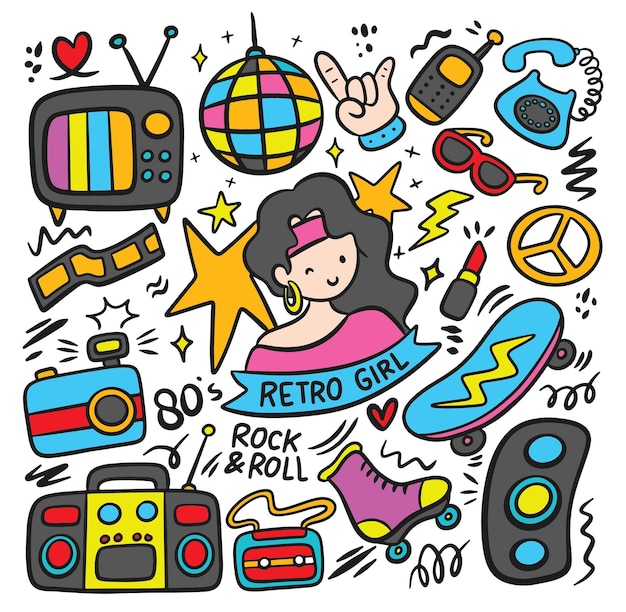 Moda Z Lat 80-tych Związana Z Modą W Stylu Retro Doodle Ilustracja