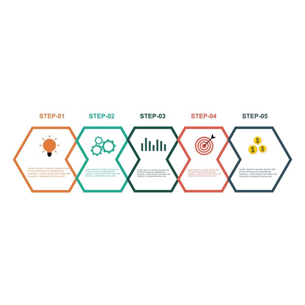 Plik wektorowy model biznesowy strzałki z 5 kolejnymi krokami infografika w tle sześciokąta