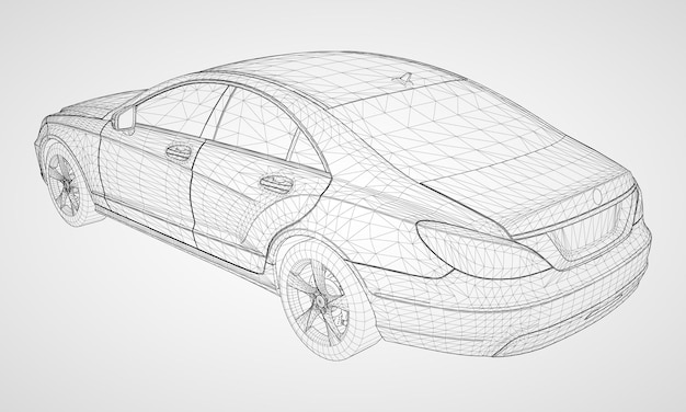 Plik wektorowy model jest wyposażony w sedana klasy premium. ilustracja wektorowa w postaci czarnej wielokątnej siatki trójkątnej na szarym tle.