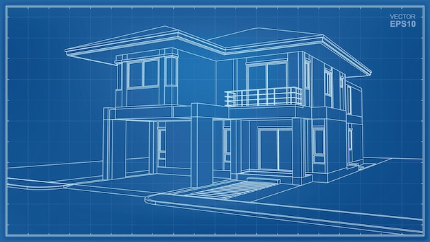 Plik wektorowy model szkieletowy perspektywy 3d na zewnątrz domu. ilustracja wektorowa.