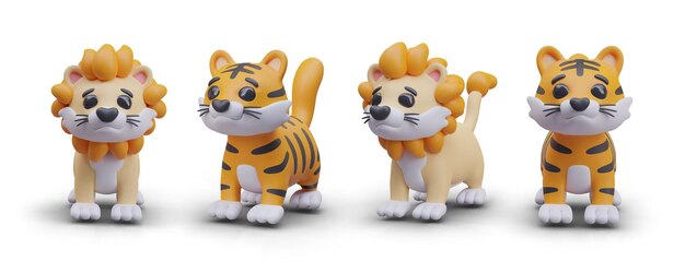 Plik wektorowy model tygrysa i uroczego lwa w różnych pozycjach