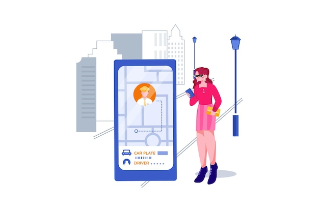Plik wektorowy model wygląda na kobietę śledzącą taksówkę wezwaną przez aplikację do telefonu komórkowego
