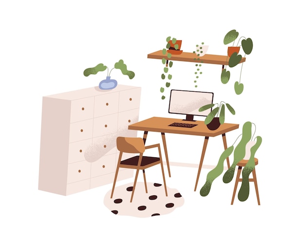 Modern home interior design Scandinavian room with cozy stylish workplace computer table chair cabinet and house plants in pots Colored flat vector illustration isolated on white background