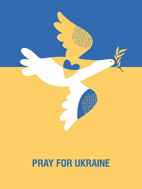 Módlcie się o pokój Ukraina Stop War na Ukrainie Latająca biała gołębica pokoju na tle żółtej i niebieskiej flagi Ptak z gałązką oliwną Koncepcyjny wektor ilustracja transparent płaski plakat