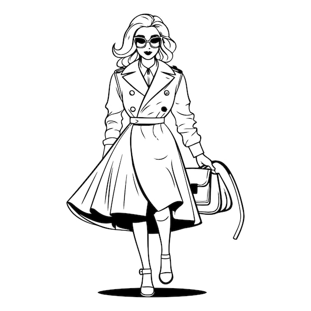 Plik wektorowy modna kobieta w płaszczu i okularach przeciwsłonecznych ilustracja wektorowa czarno-biała