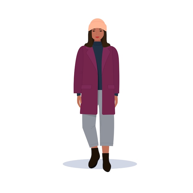 Plik wektorowy modna młoda kobieta w płaszczu, butach, ciepłej czapce. ubrania w stylu ulicznym. płaska ilustracja