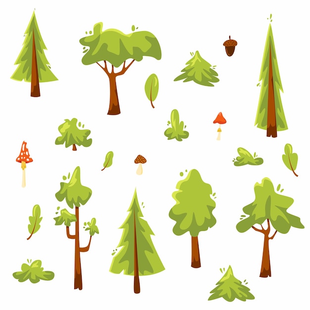 Modne drzewa i roślinyPines Mushrooms Set Vector IllustrationPłaski las na białym tle dobry dla d