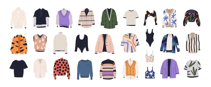 Wektor modne koszule, t-shirty, kardigany, komplet bluzek. nowoczesna odzież wierzchnia, ubrania. bluzy, swetry, swetry z dzianiny, body, odzież codzienna. płaskie ilustracje wektorowe izolowane na białym tle.