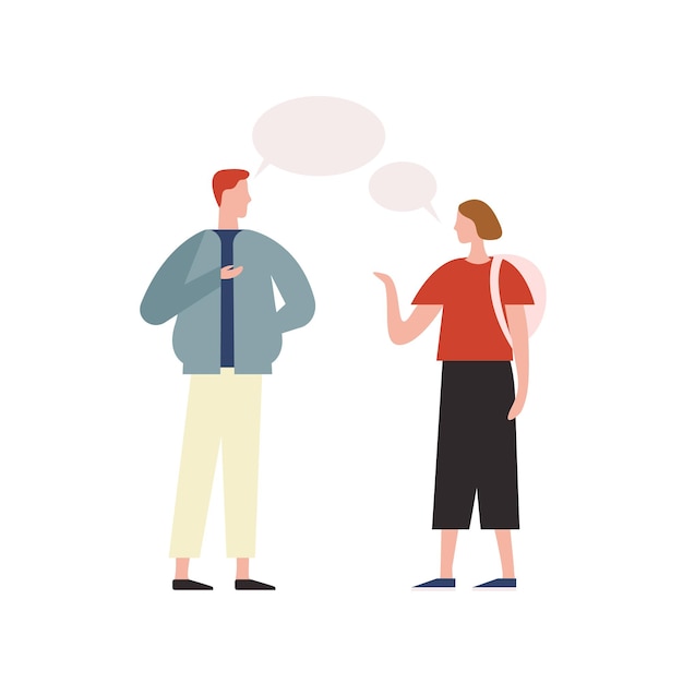 Plik wektorowy modny mężczyzna kreskówka rozmawia z hipster dziewczyna wektor ilustracja płaski. dwie osoby komunikujące się z dymkiem na białym tle. przyjazna rozmowa o kolorowym charakterze.