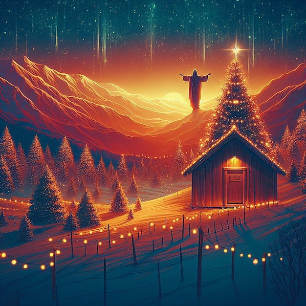 Modny świąteczny Xmas Boże Narodzenie Chrześcijański Jezus Scena Z Drzewa Ilustracja Wektorowa Tapeta Obrazu