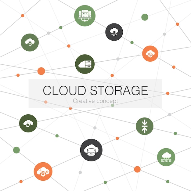 Modny szablon sieci Web do przechowywania w chmurze z prostymi ikonami. Zawiera takie elementy jak Cloud Backup, data center, Hybrid Storage, Data Compression