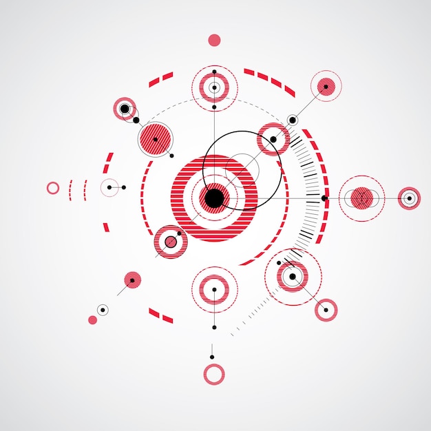 Plik wektorowy modular bauhaus wektor czerwone tło, utworzone z prostych figur geometrycznych, takich jak koła i linie. najlepsze do wykorzystania jako plakat reklamowy lub projekt banera. streszczenie schemat mechaniczny.
