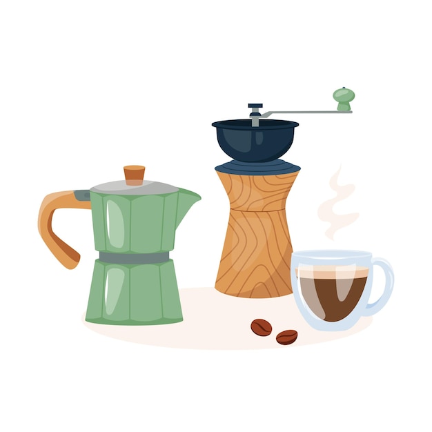 Moka pot dla bogatego aromatycznego espresso ręczna młynka dla świeżej precyzji i eleganckiego kubka espresso wektor