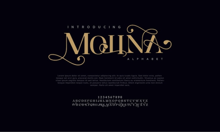 Wektor molina premium luksusowy elegancki alfabet litery i liczby vintage typografia ślubna klasyczny serif