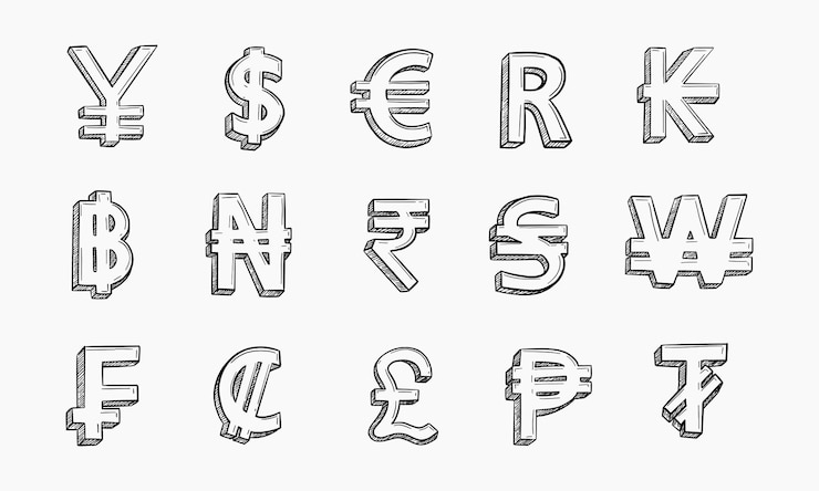 Wektor moneta w stylu doodle z zestawem symboli walut, w tym euro, dolar, jen, funt, cent, rubel, won, juan, szekel i frank